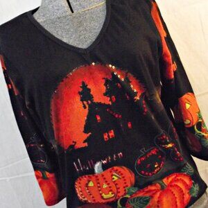 HALLOWEEN Take Two Womens Knit Top JOL Haunted House Witch Sequins XL